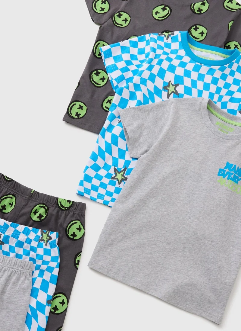 Matalan 3 Pack Boys Grey Checkerboard Face Top & Shorts Set